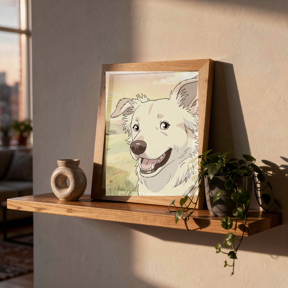 Studio Ghibli style pet portrait used for a framed cat portrait concept