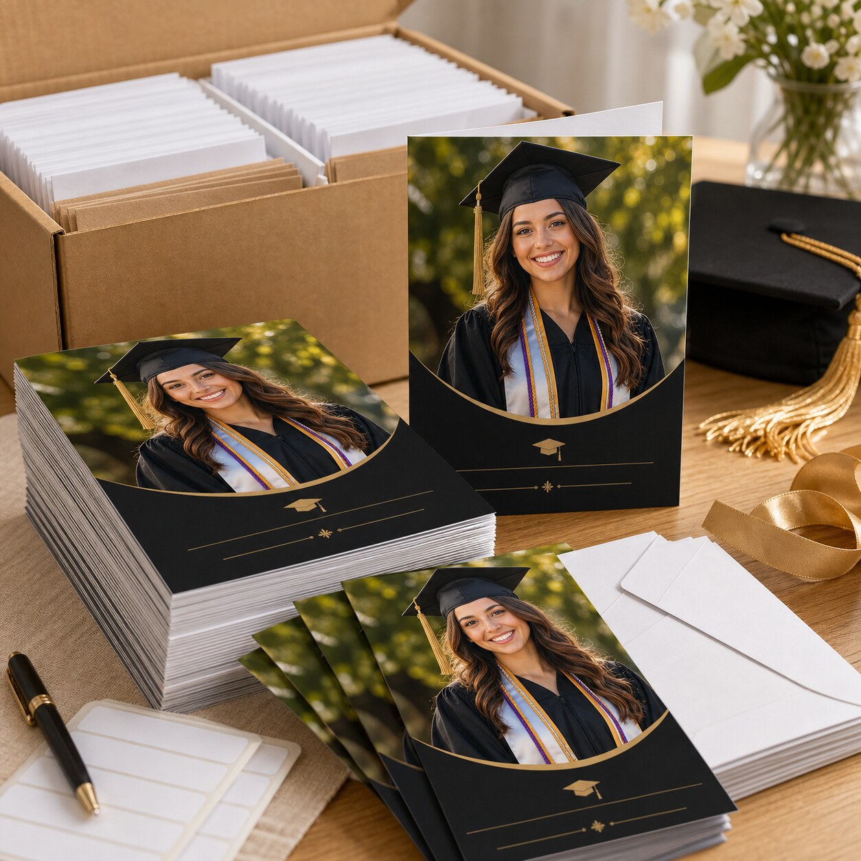 A graduation card with a portrait of a graduate in cap and gown rendered in photorealistic style