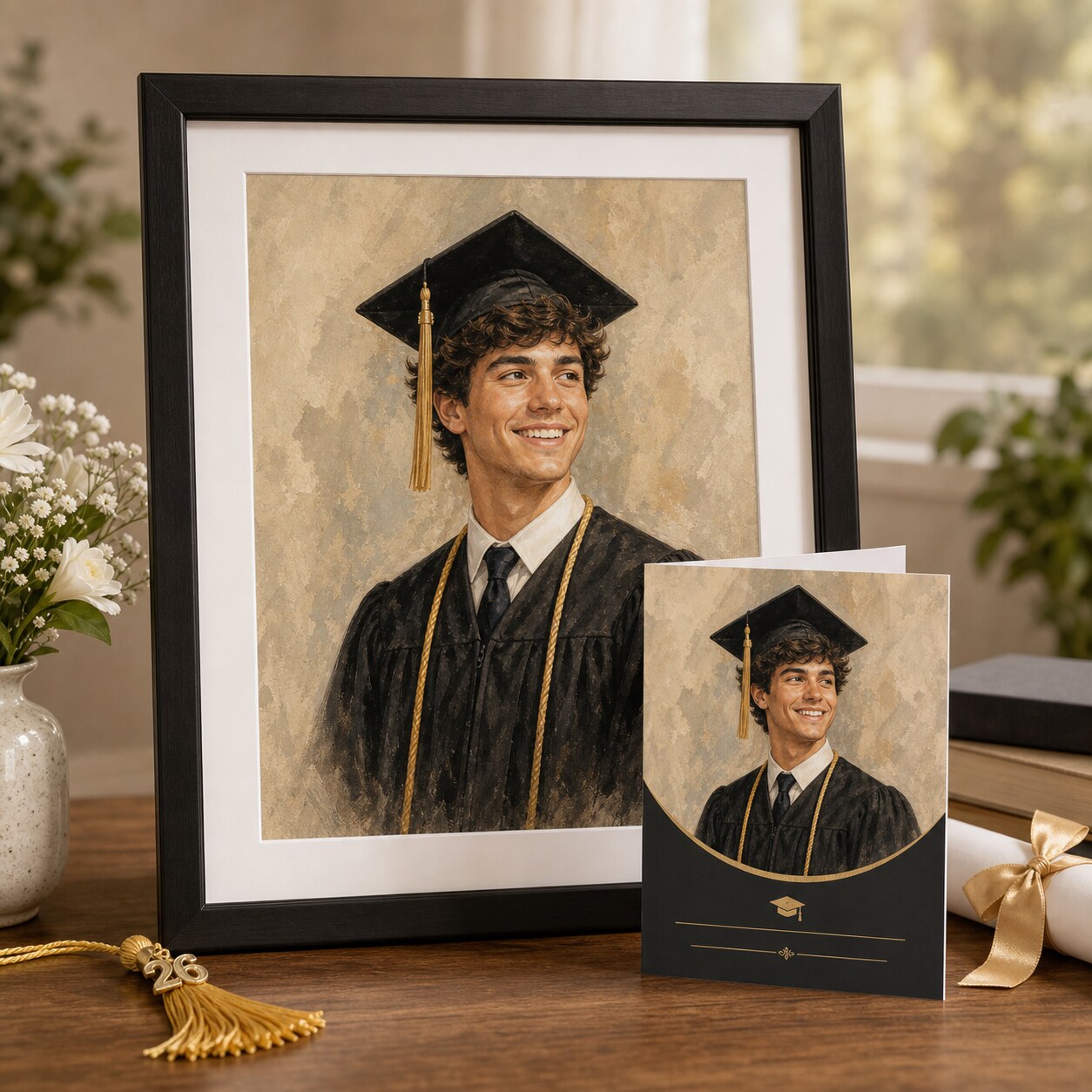Graduation card paired with framed 11x14 cap-and-gown portrait
