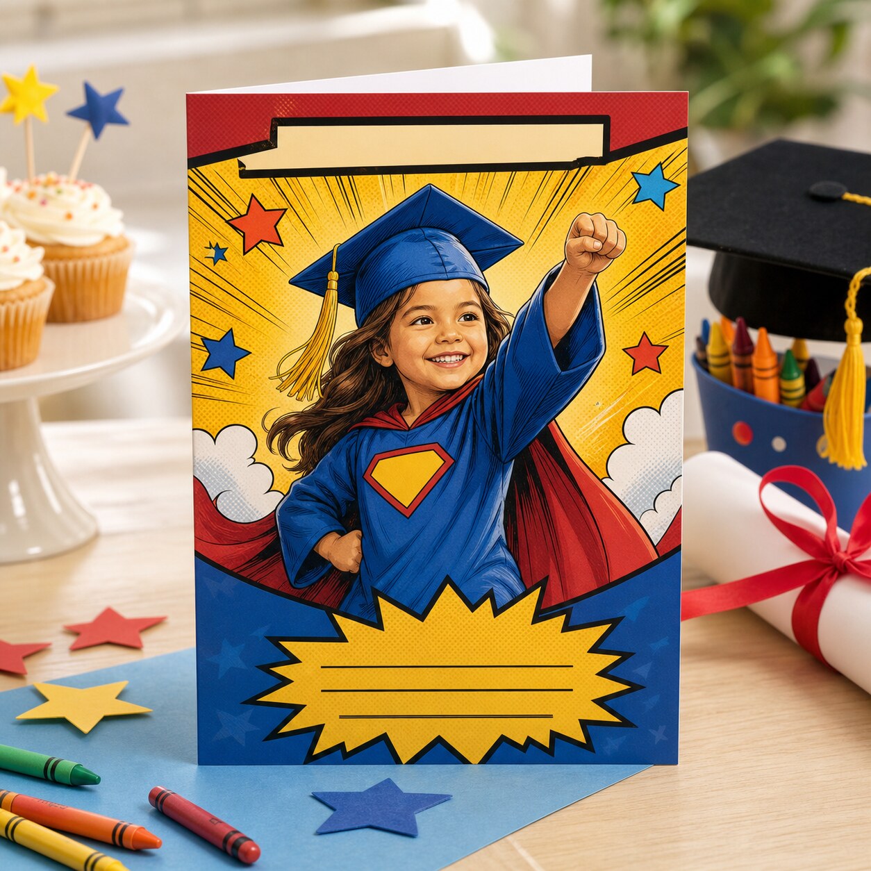 Comic book hero graduation card for kindergarten or middle school graduate