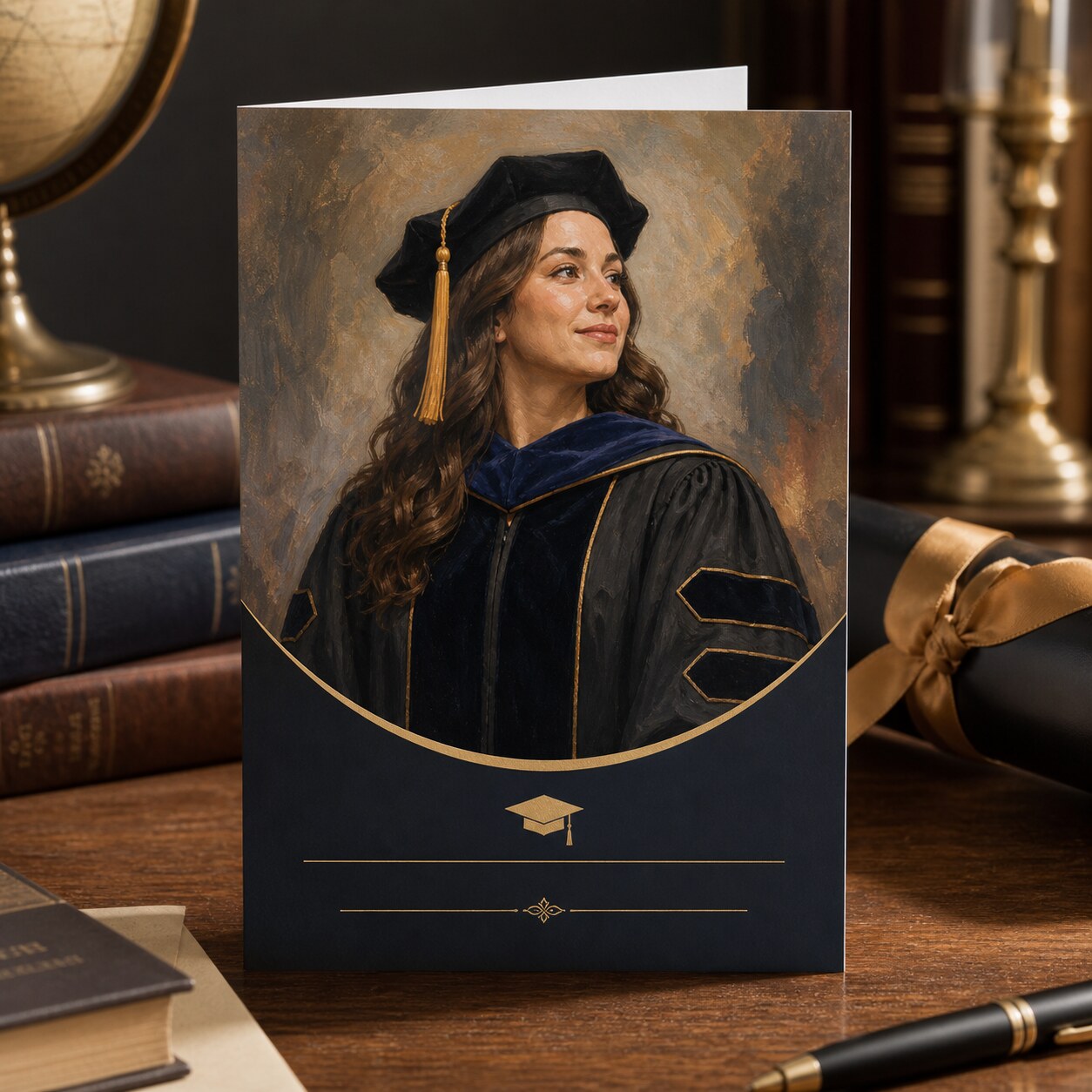 Oil painting graduation card with classical rendering of advanced-degree graduate