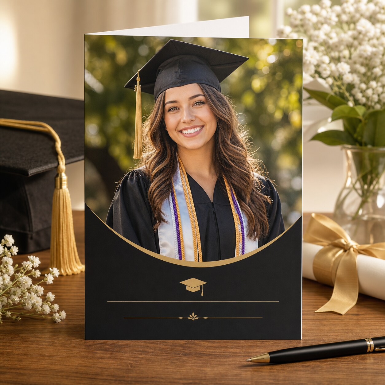 Photorealistic graduation announcement card with cap-and-gown portrait of a graduate