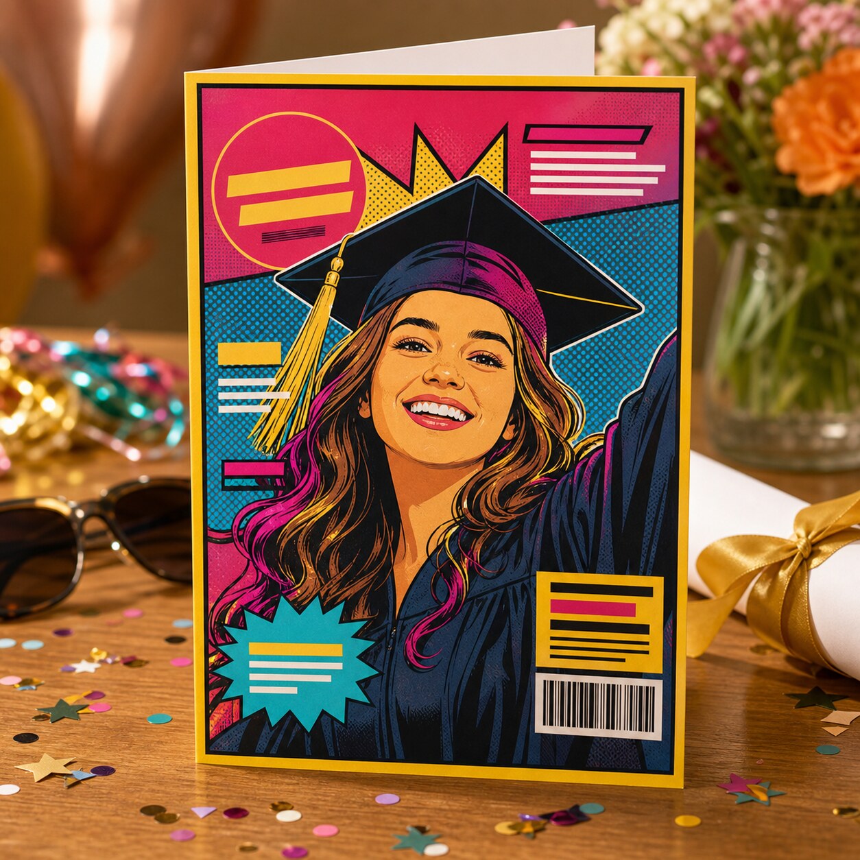 Magazine cover graduation card with mock cover lines about the graduate's achievement