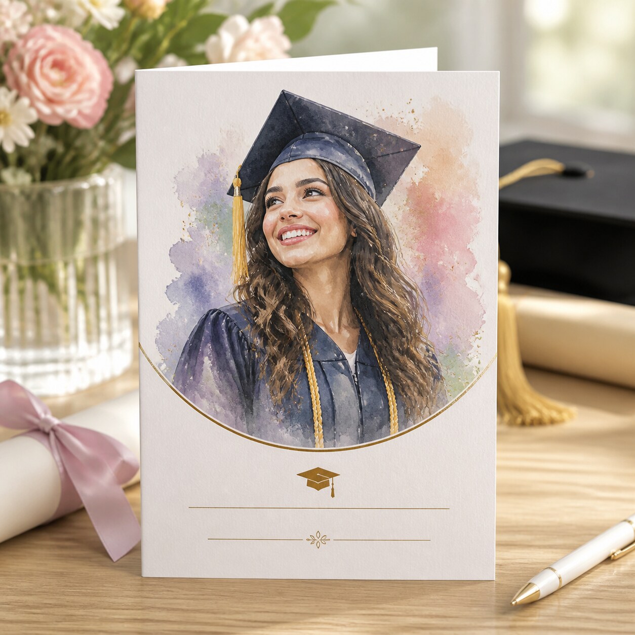 Watercolor graduation card with soft pigment wash around graduate portrait