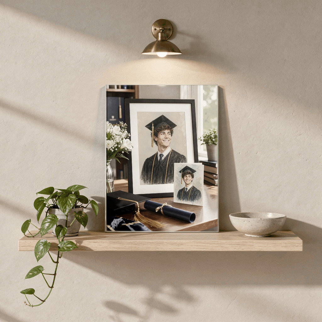 Photorealistic graduate portrait on acrylic print