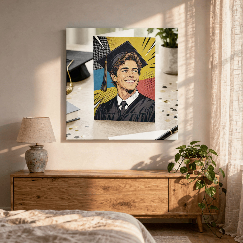 Comic book hero portrait of a graduate