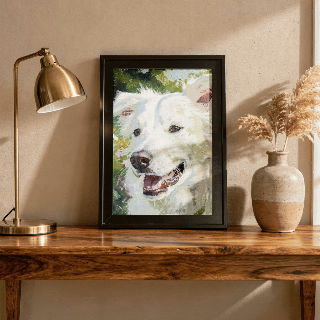 Impressionist pet memorial portrait in a framed mockup