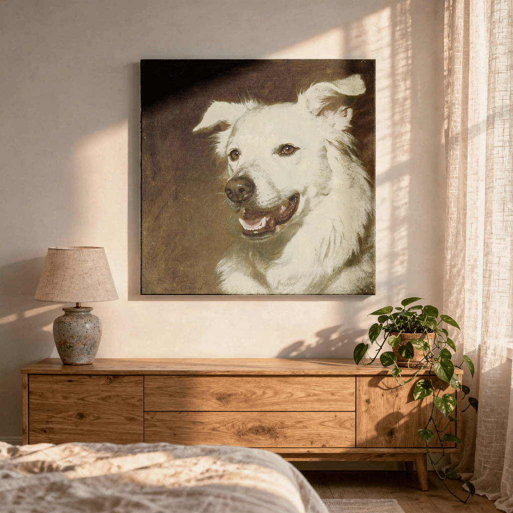Oil painting pet memorial portrait in a wall-art mockup