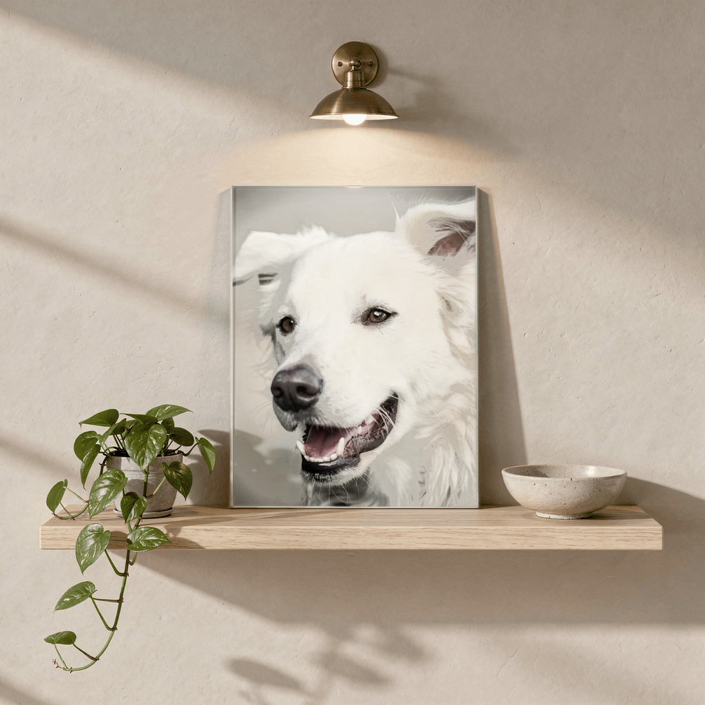 Photorealistic pet memorial portrait in a gallery-style mockup