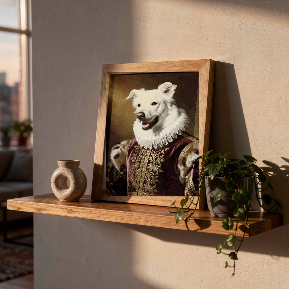 Renaissance pet memorial portrait in a framed mockup