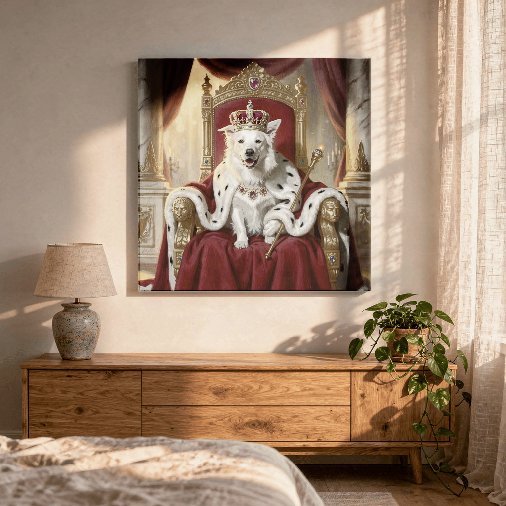 Royal pet portrait shown as a memorial wall-art mockup