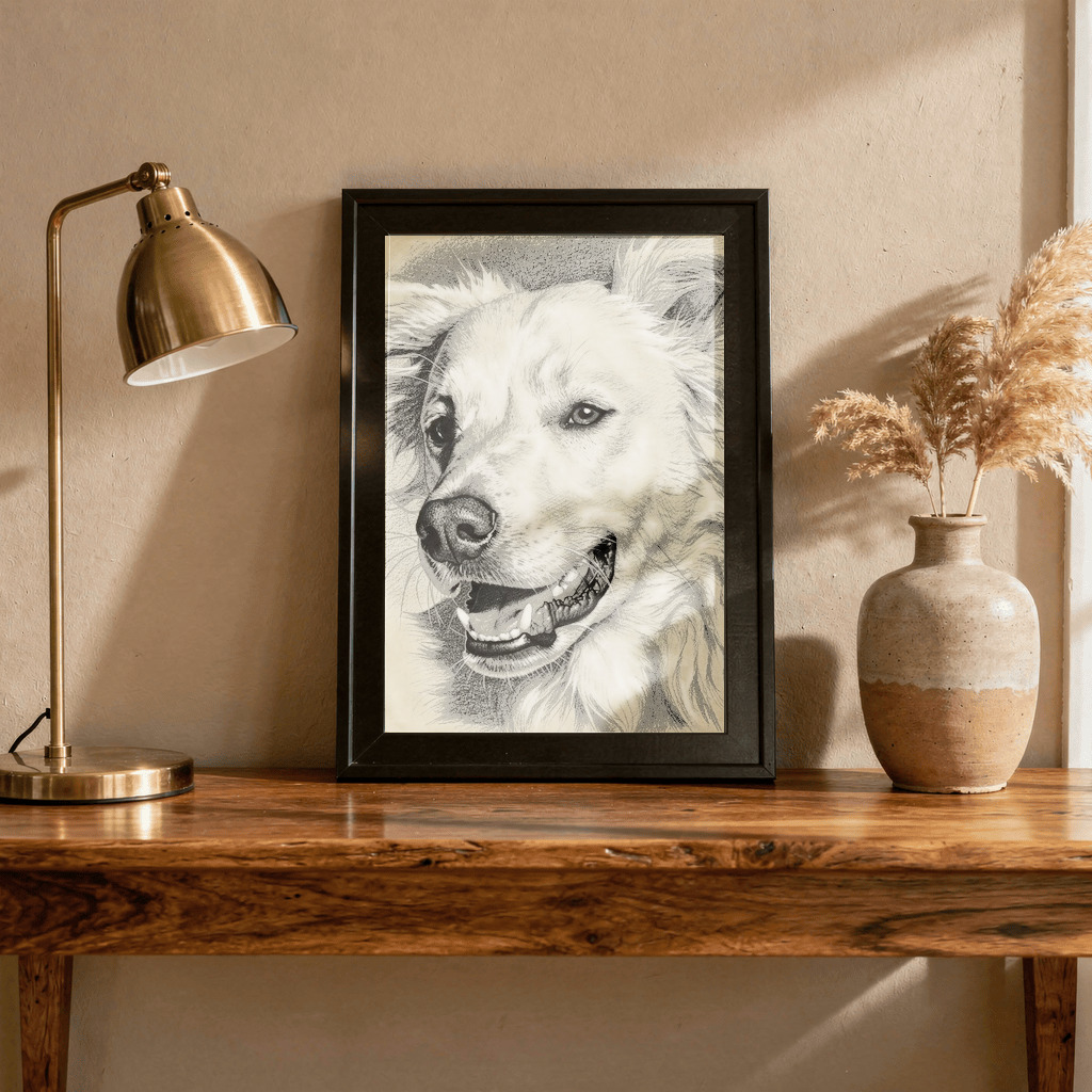 Sketch pet memorial portrait in a black frame