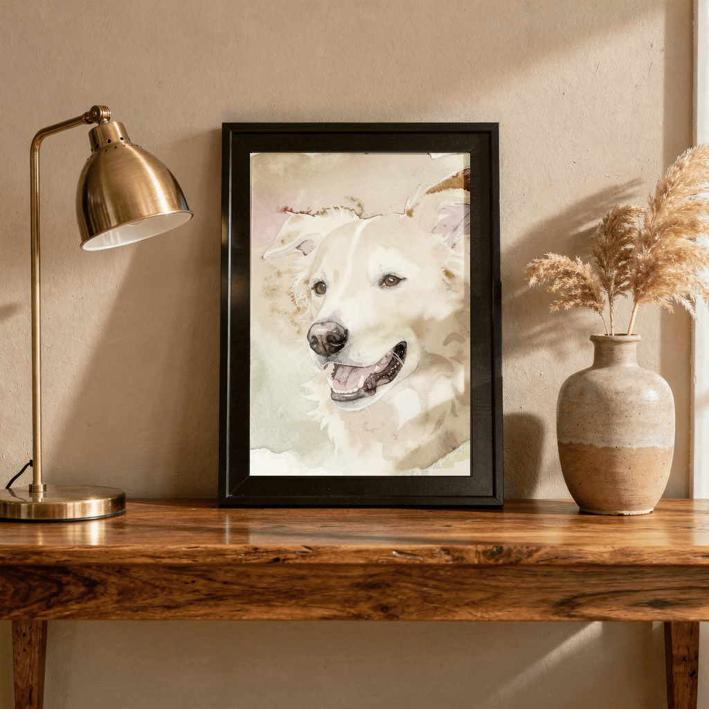 Watercolor pet memorial portrait in a framed mockup