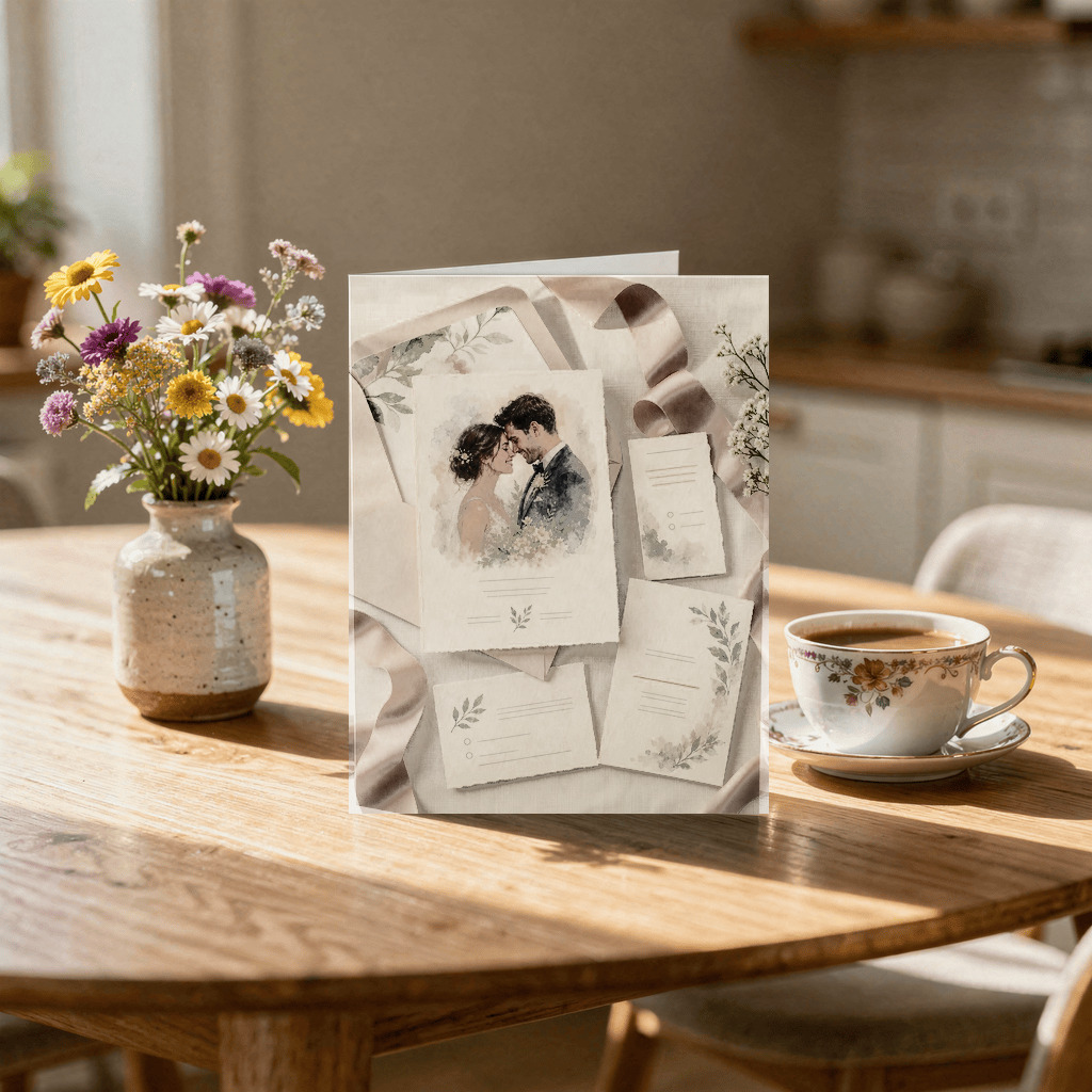 Oil painting wedding invitation with old-master rendering of engagement photo