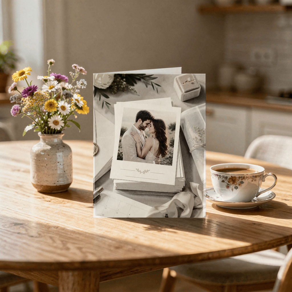 Photorealistic wedding invitation with literal engagement photo full-bleed