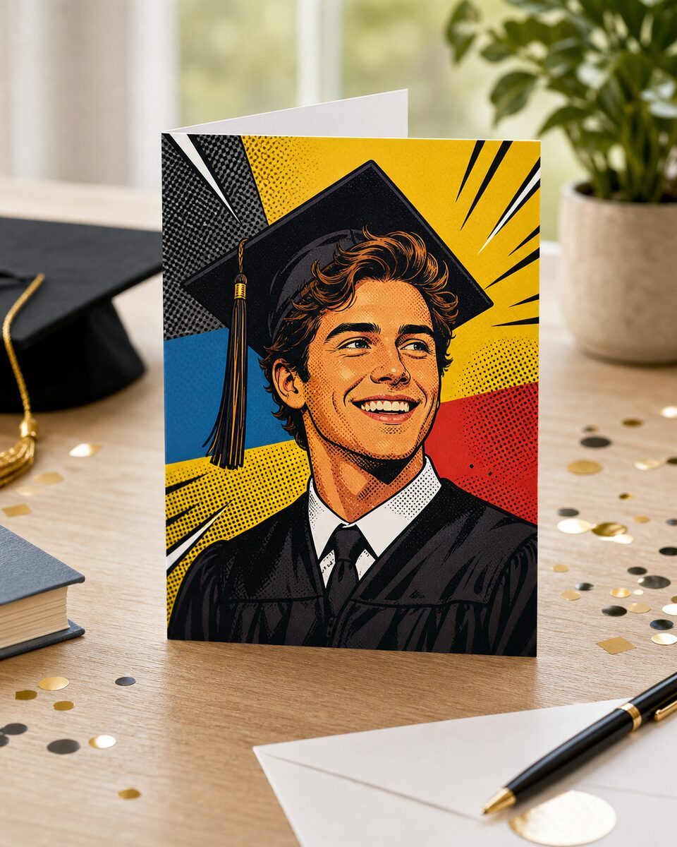 A 2026 graduate styled as a pop art