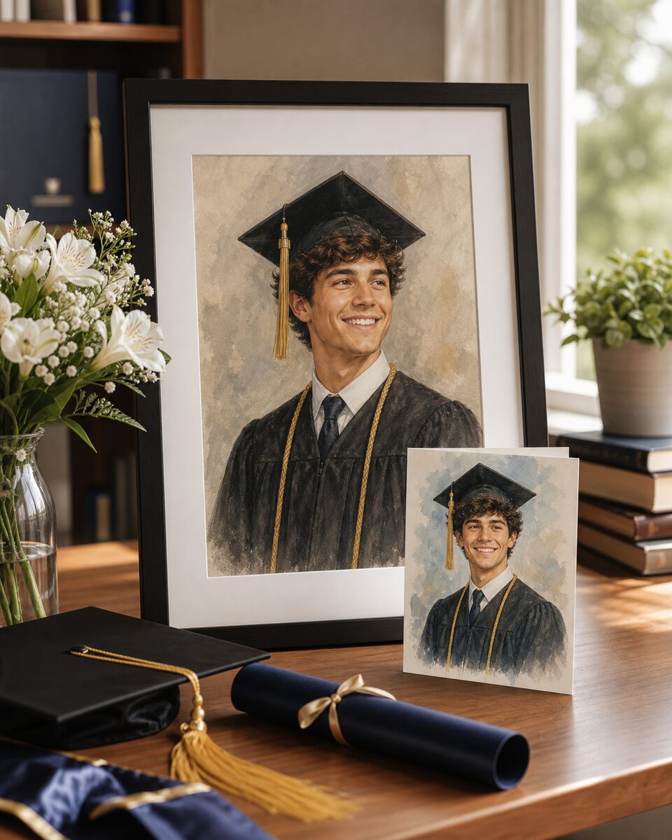 A framed graduation portrait and announcement card for a 2026 graduate