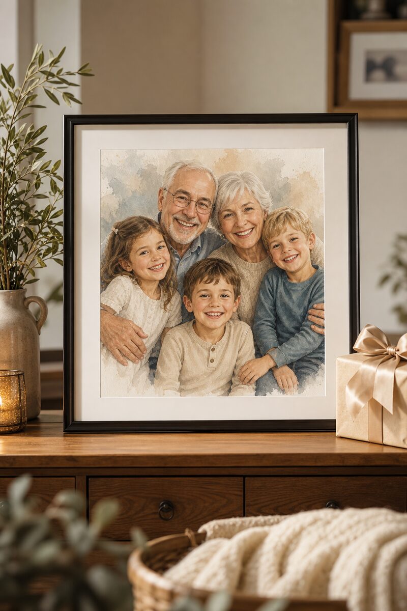 A framed family portrait of grandparents with grandchildren