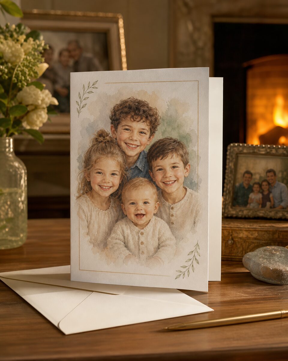 A folded watercolor photo card with grandkids on the front, displayed on a fireplace mantel