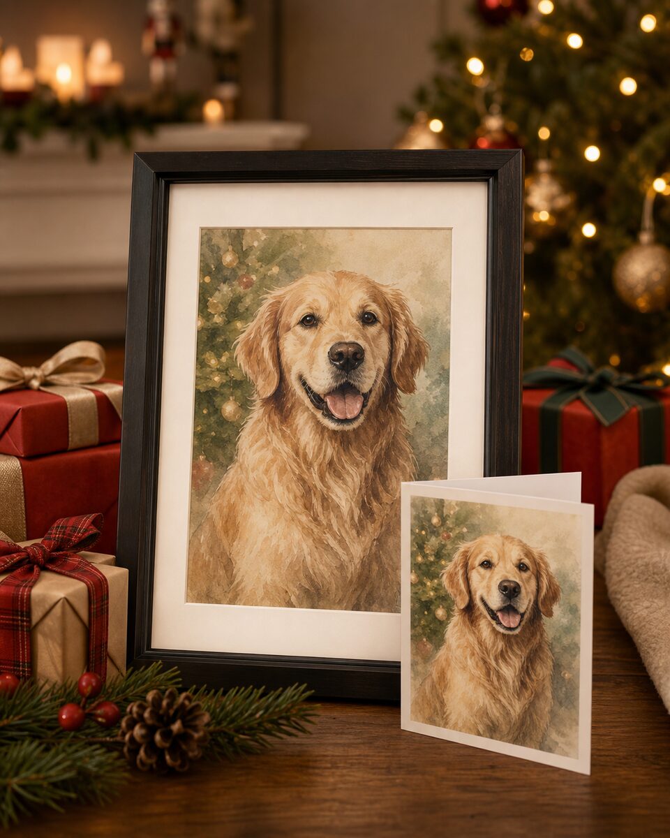 A framed Renaissance Royal pet portrait wrapped under a Christmas tree