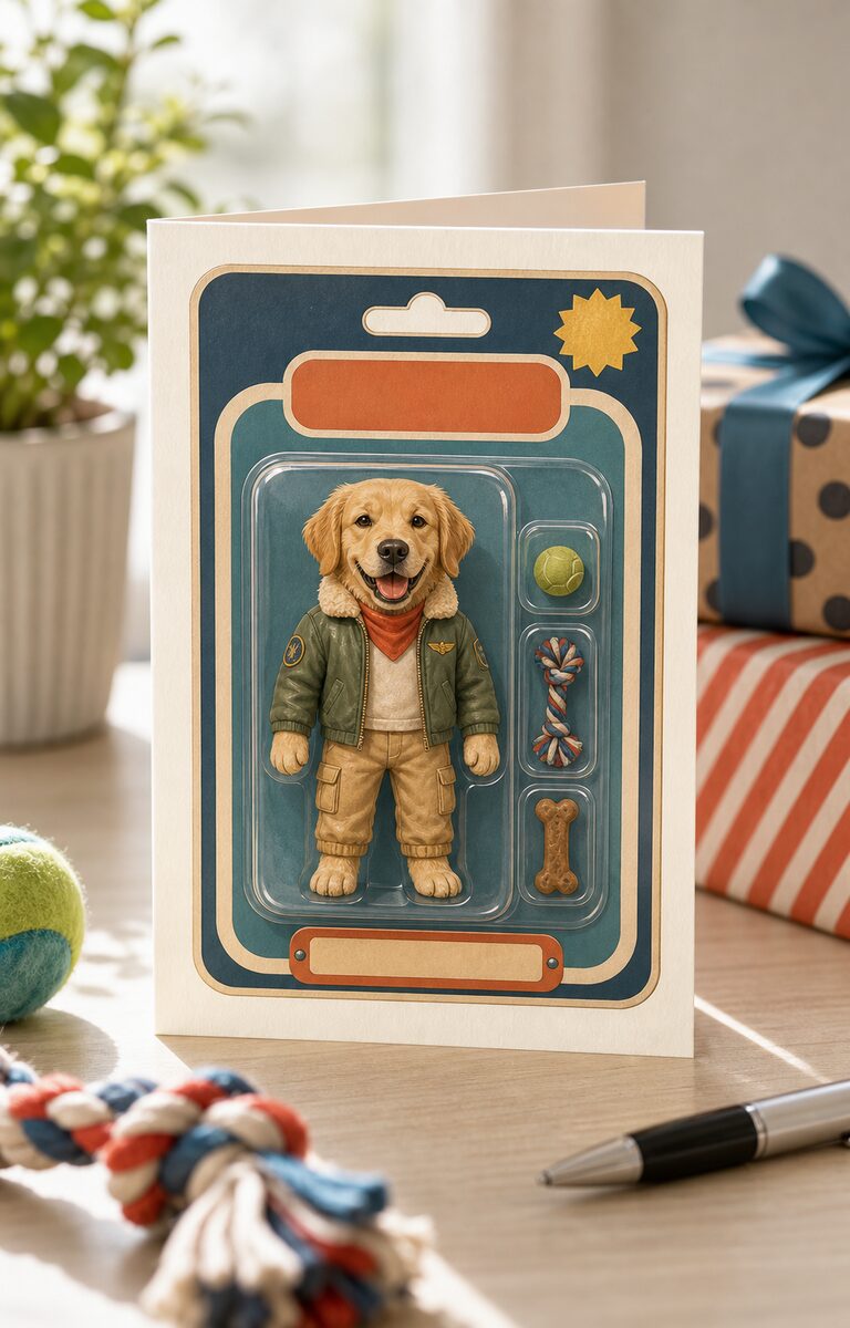 Dog rendered as a blister-pack action figure on a greeting card