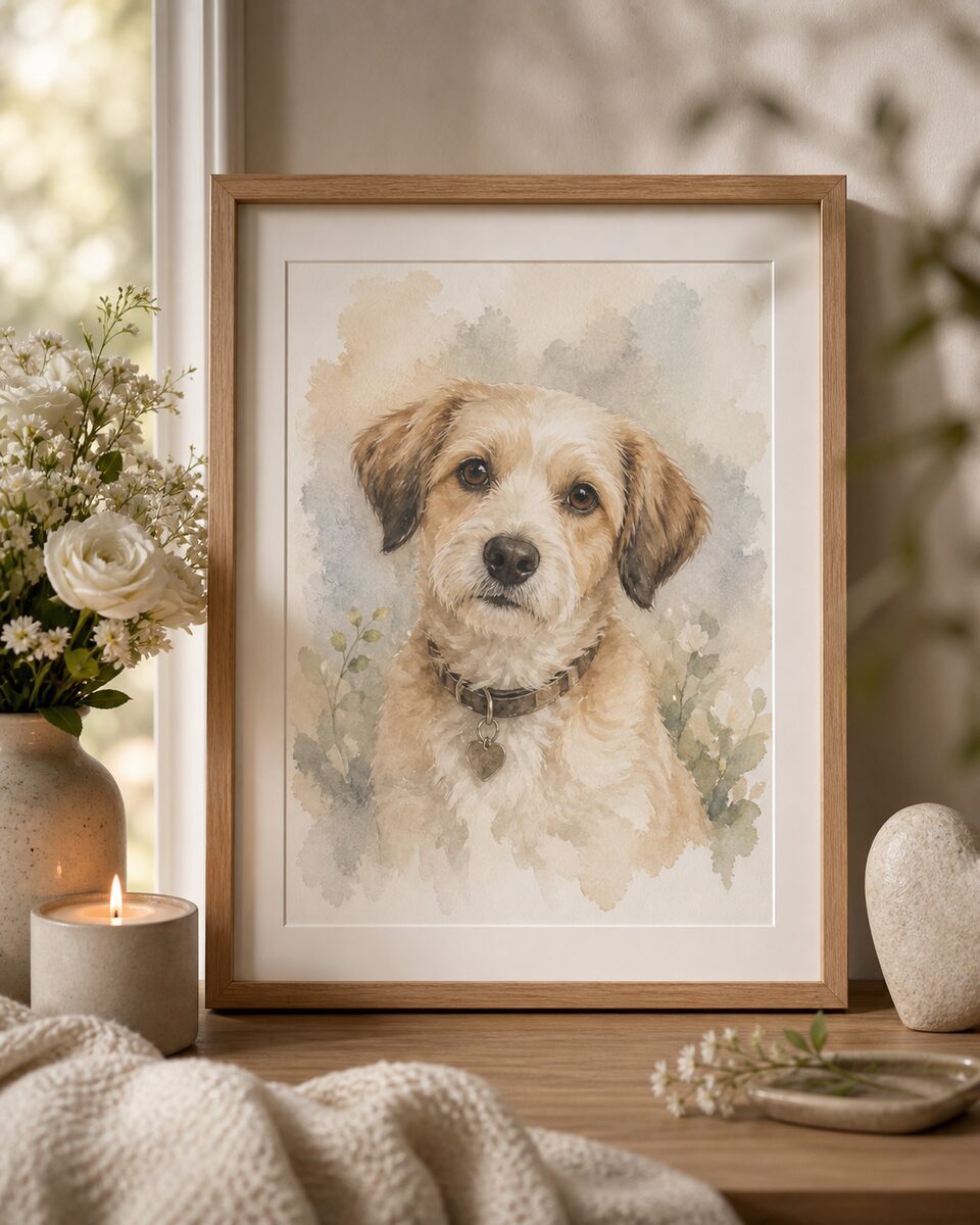 A framed watercolor pet memorial portrait on a quiet shelf
