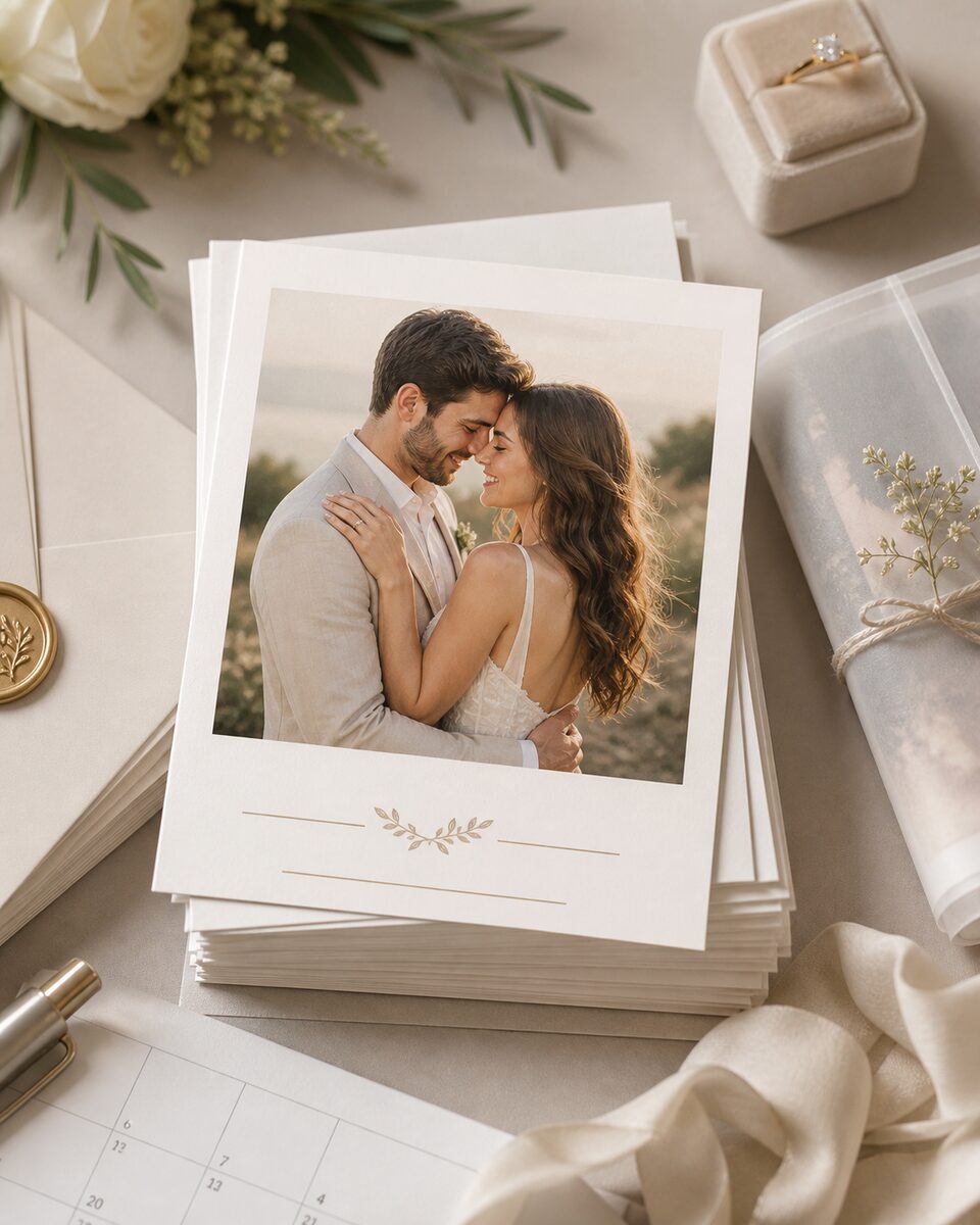 Photorealistic save-the-date card with photo of couple at destination wedding location