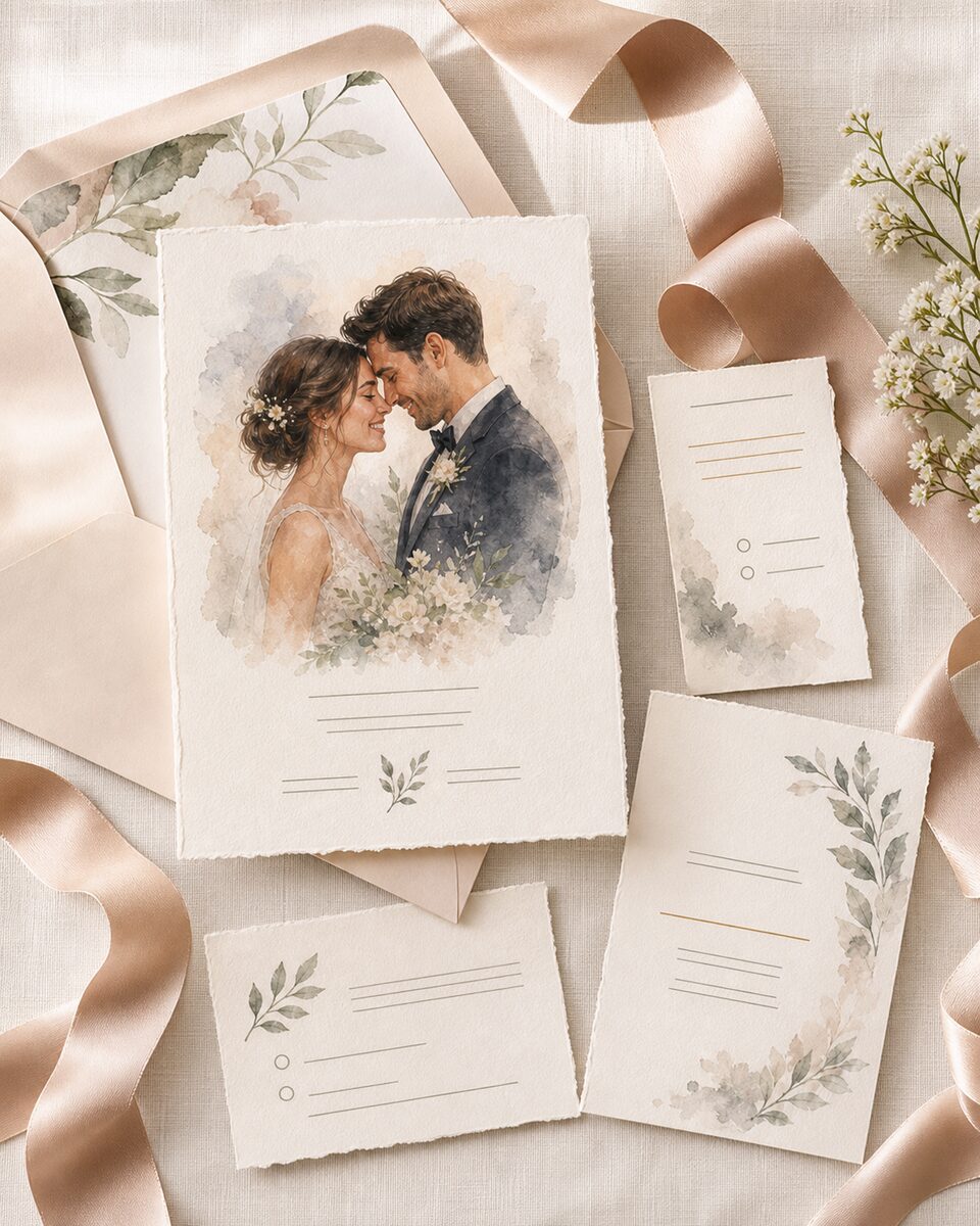 A custom wedding invitation suite with watercolor design and engagement photo