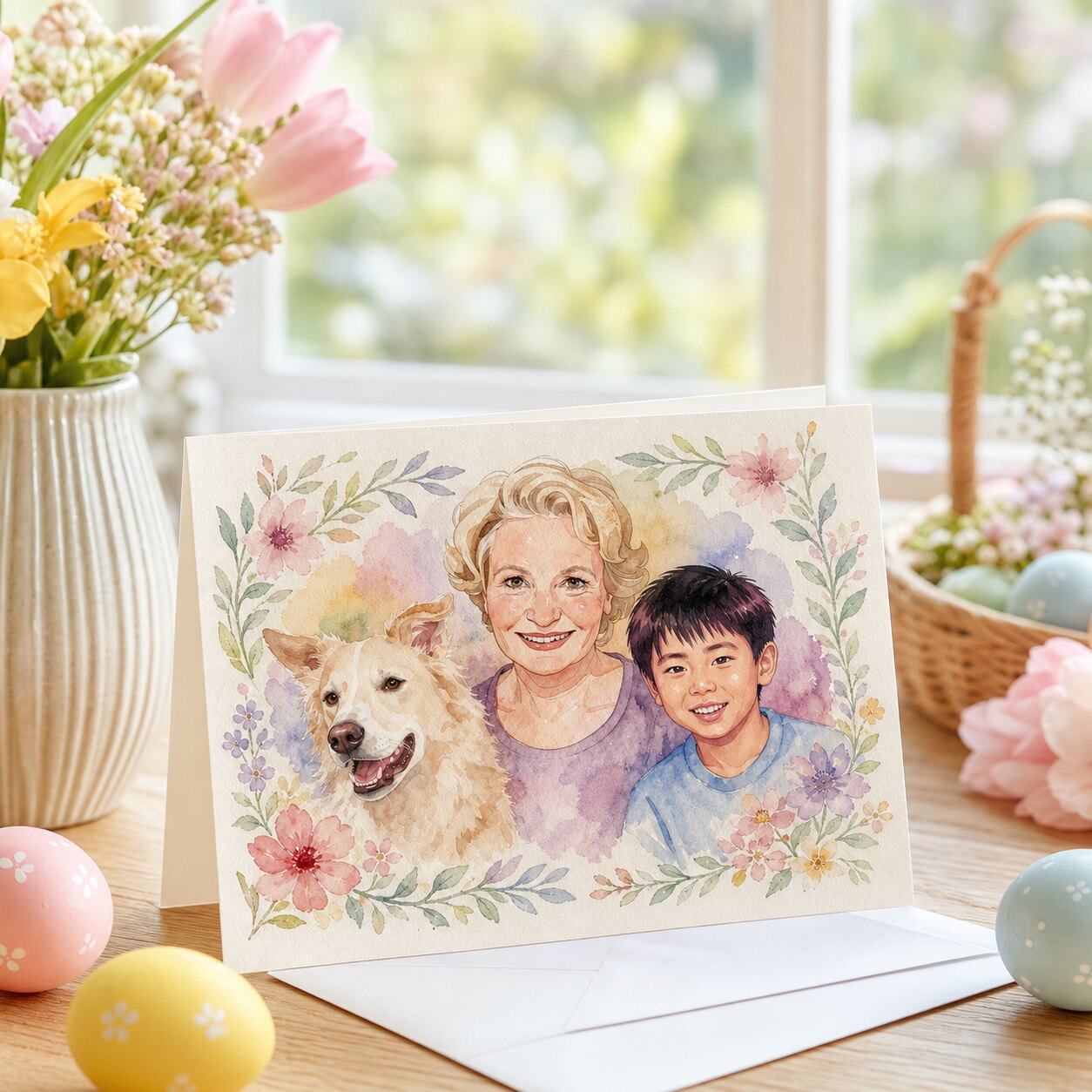 A folded Easter card with a soft watercolor design and family photo