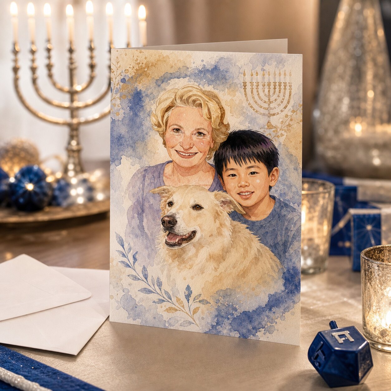 A folded Hanukkah card with a soft watercolor portrait of a family in cool blues and cream