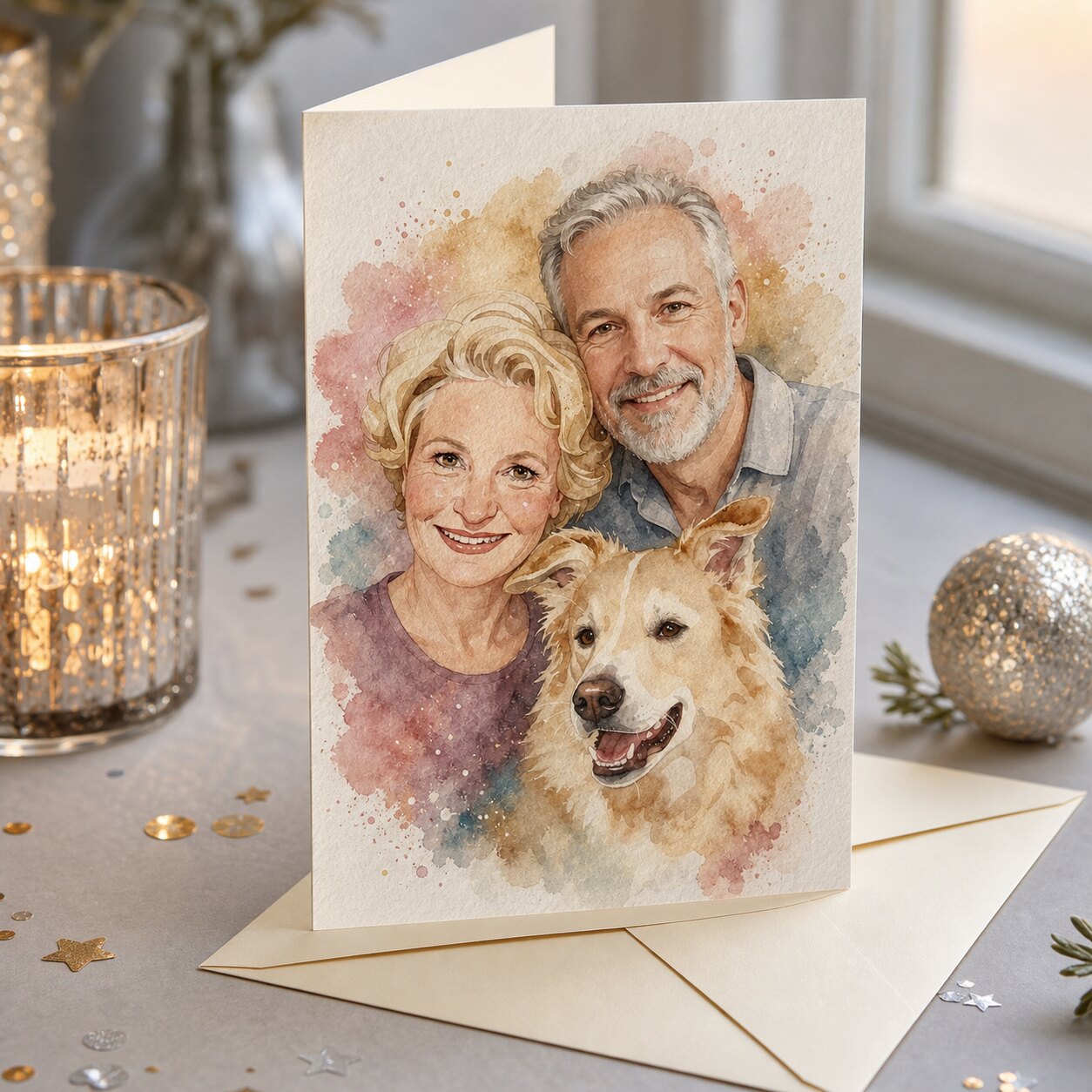 A folded New Year card with a family photo and editorial watercolor design