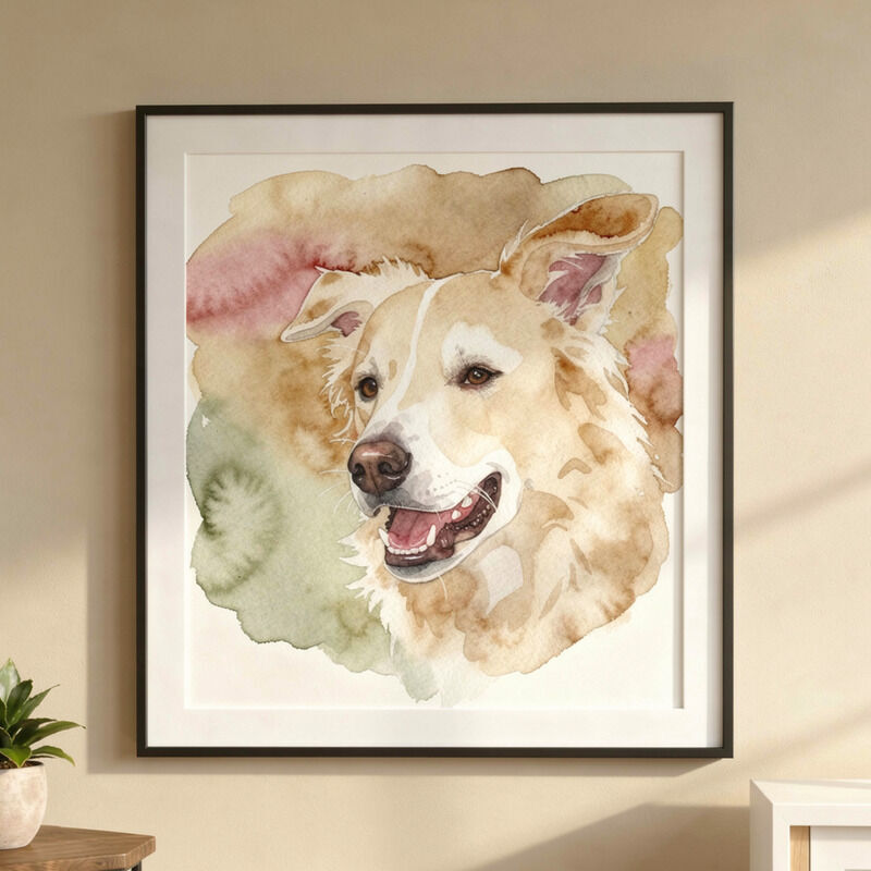 A soft watercolor memorial portrait of a beloved pet
