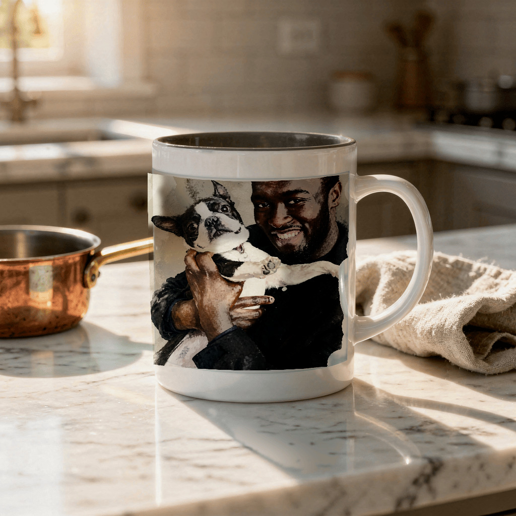 The approved Signature Watercolor owner-and-pet portrait shown on a custom accent mug