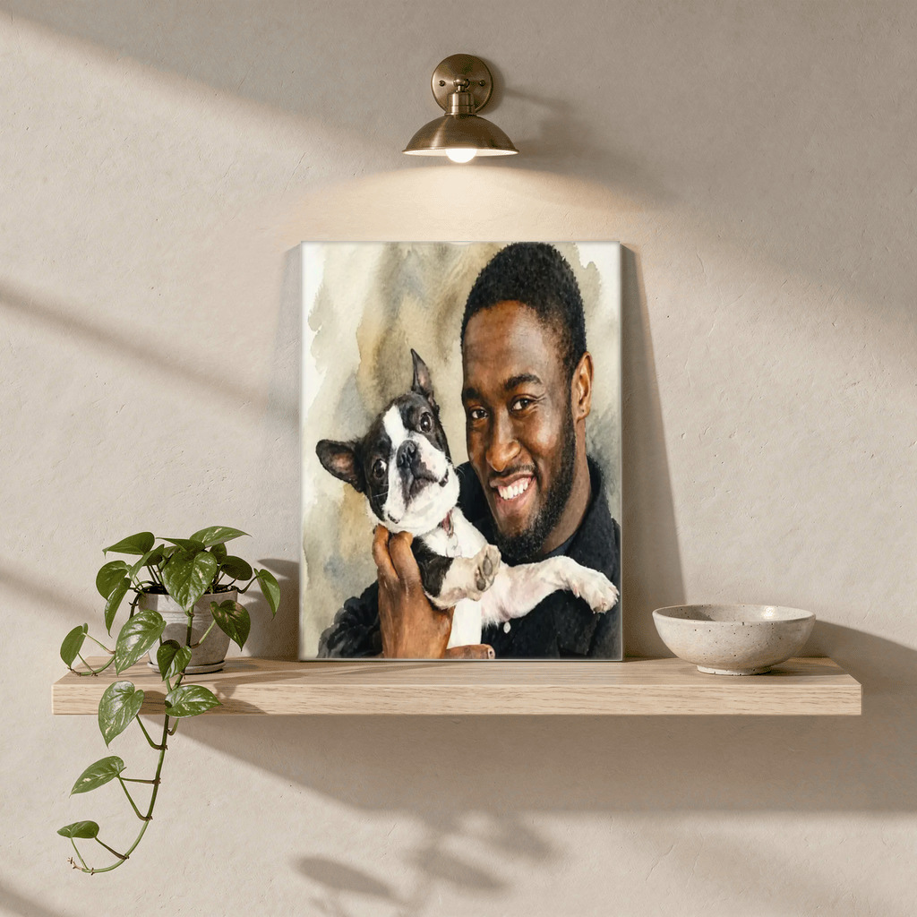 The approved Signature Watercolor owner-and-pet portrait shown on a custom acrylic print