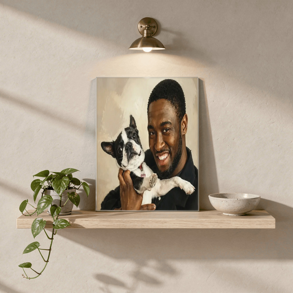 The exact Modern Editorial artwork shown on Photorealistic acrylic — editorial polish for modern pet parents.
