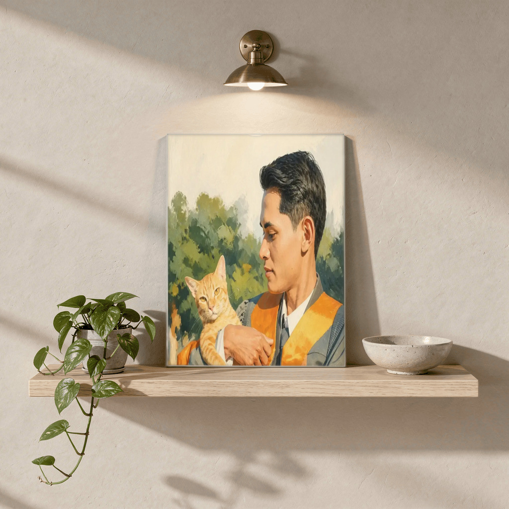 The exact Modern Editorial artwork shown on Glossy acrylic — flattering to the deliberate cat look.