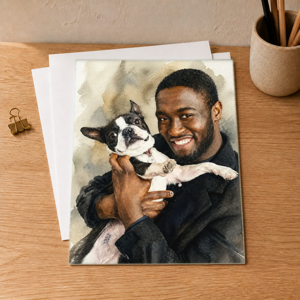 The approved Signature Watercolor owner-and-pet portrait shown on a custom art print