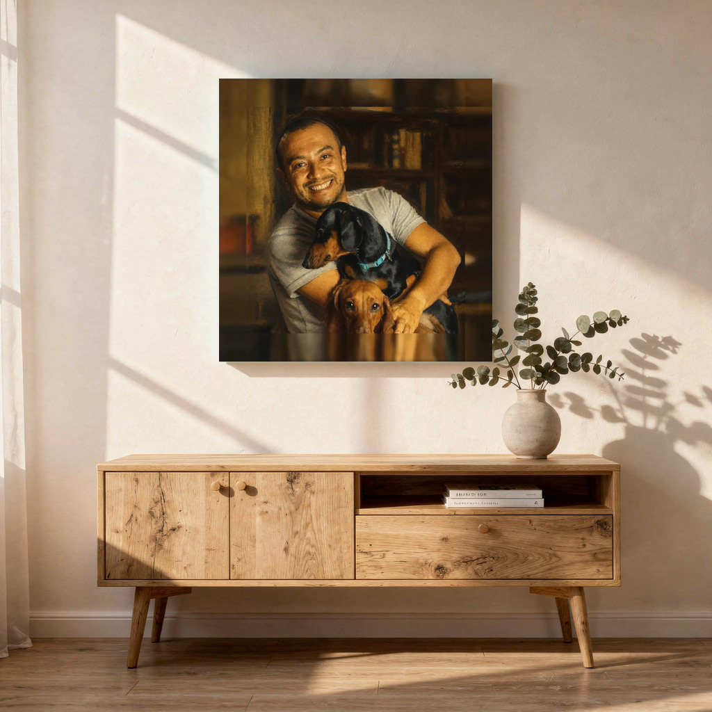 The exact Museum Oil artwork shown on Old-master gravitas for owners who take the dog seriously.