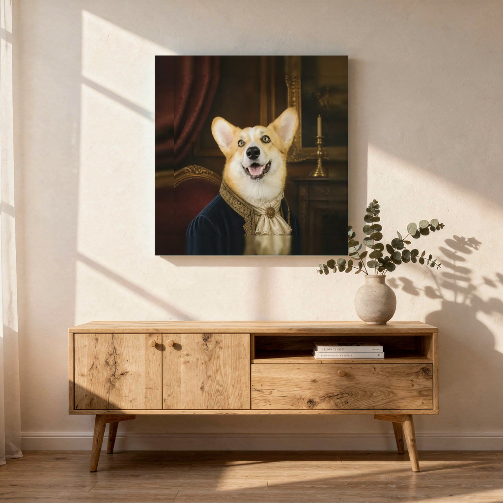 The exact Royal Heritage artwork shown on Crown-and-cape regalia for the spoiled pet.