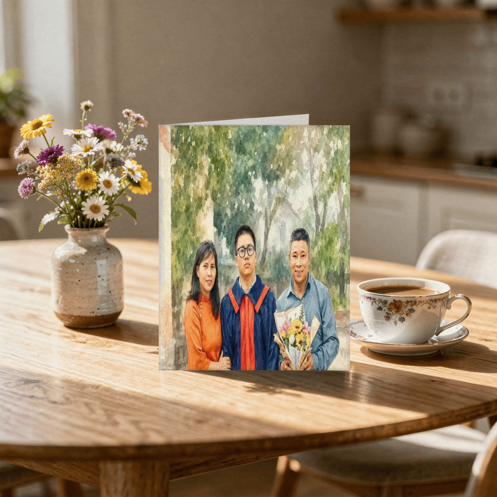 The exact Signature Watercolor artwork shown on A soft watercolor care-package card from mom.