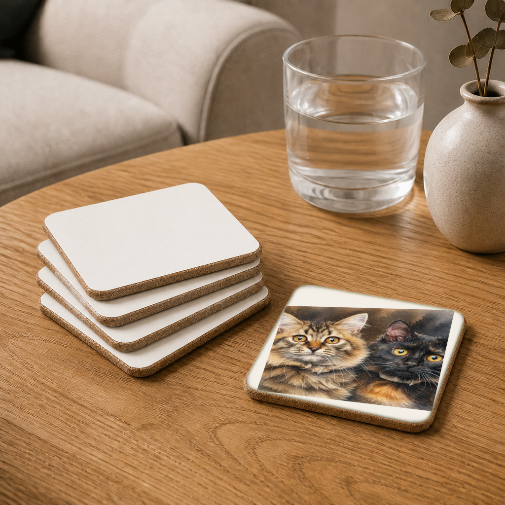 The exact Signature Watercolor artwork shown on Cork coaster set — one for each cat in a multi-cat home.