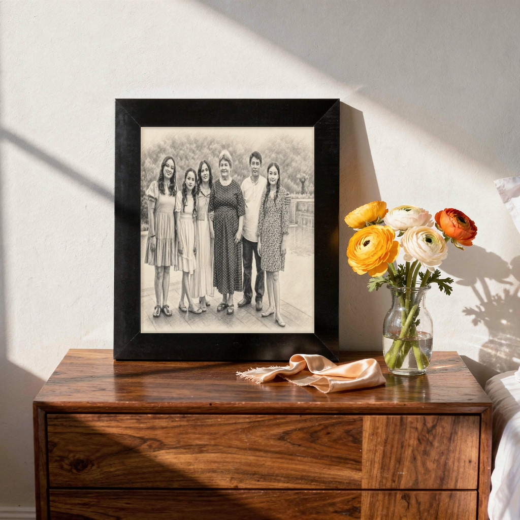 Pencil Keepsake portrait made from six-person multigenerational family portrait