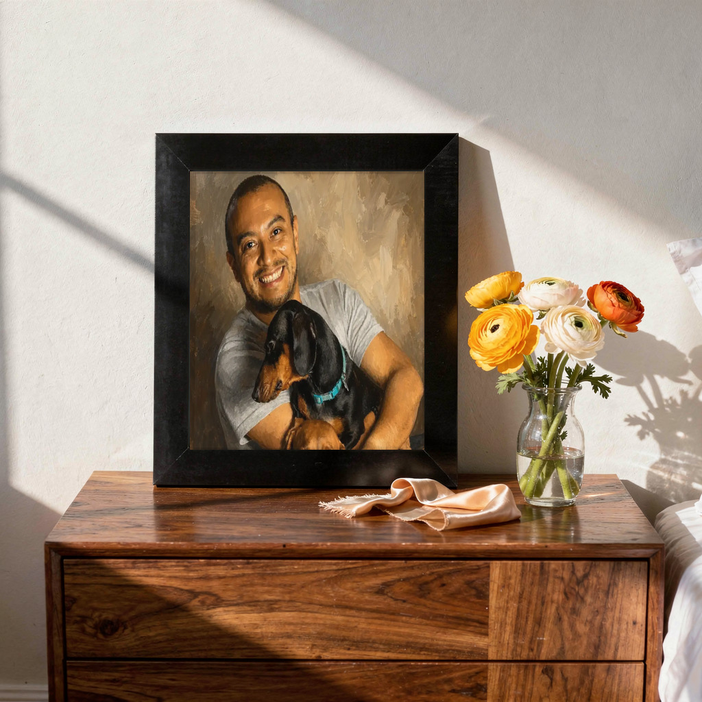 Modern Editorial portrait made from man posing with two dachshunds