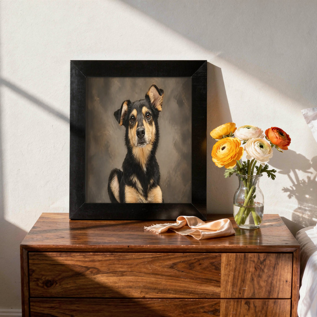Modern Editorial portrait made from black-and-tan dog in a studio portrait
