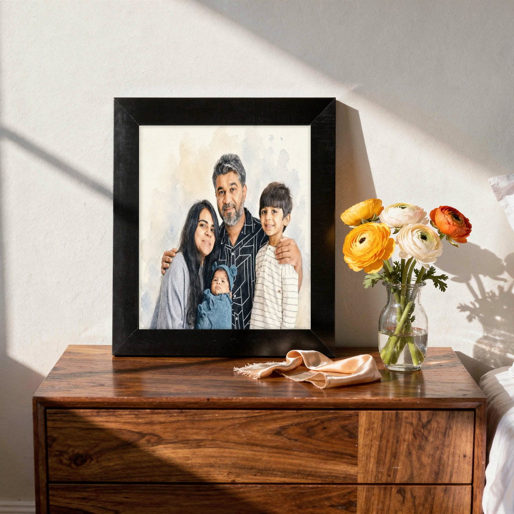 The exact Signature Watercolor artwork shown on A soft watercolor family portrait for the nursery.