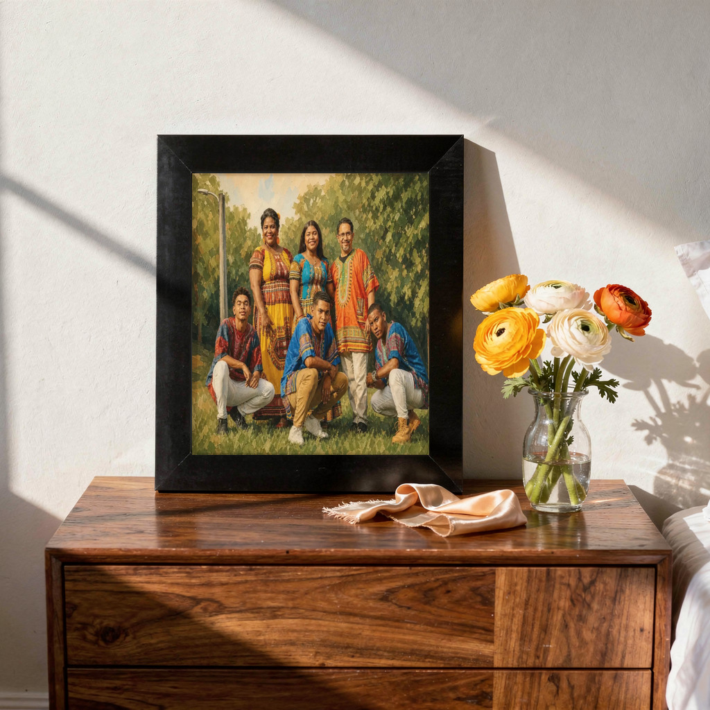 Modern Editorial portrait made from large family group wearing traditional clothing