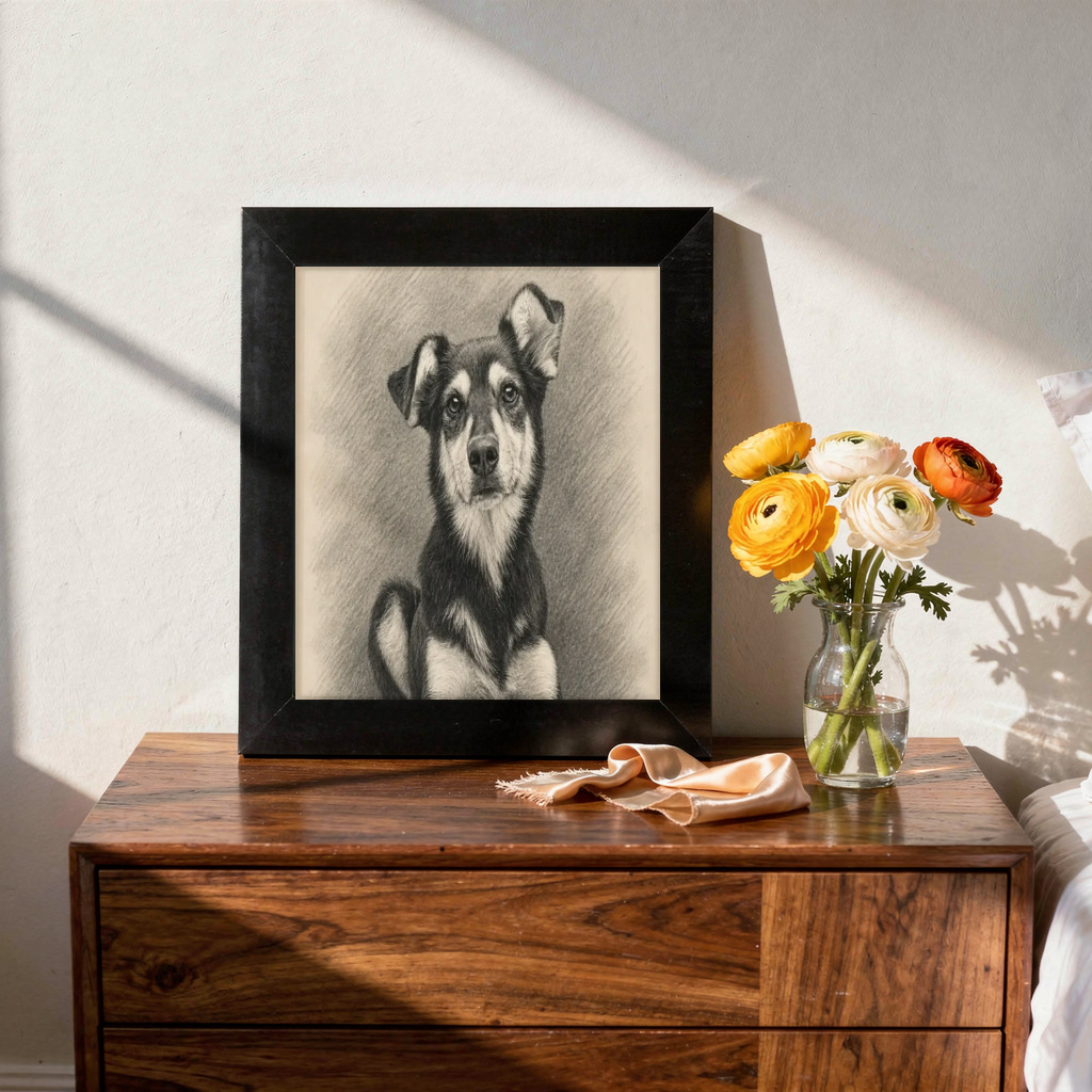 Pencil Keepsake portrait made from black-and-tan dog in a studio portrait