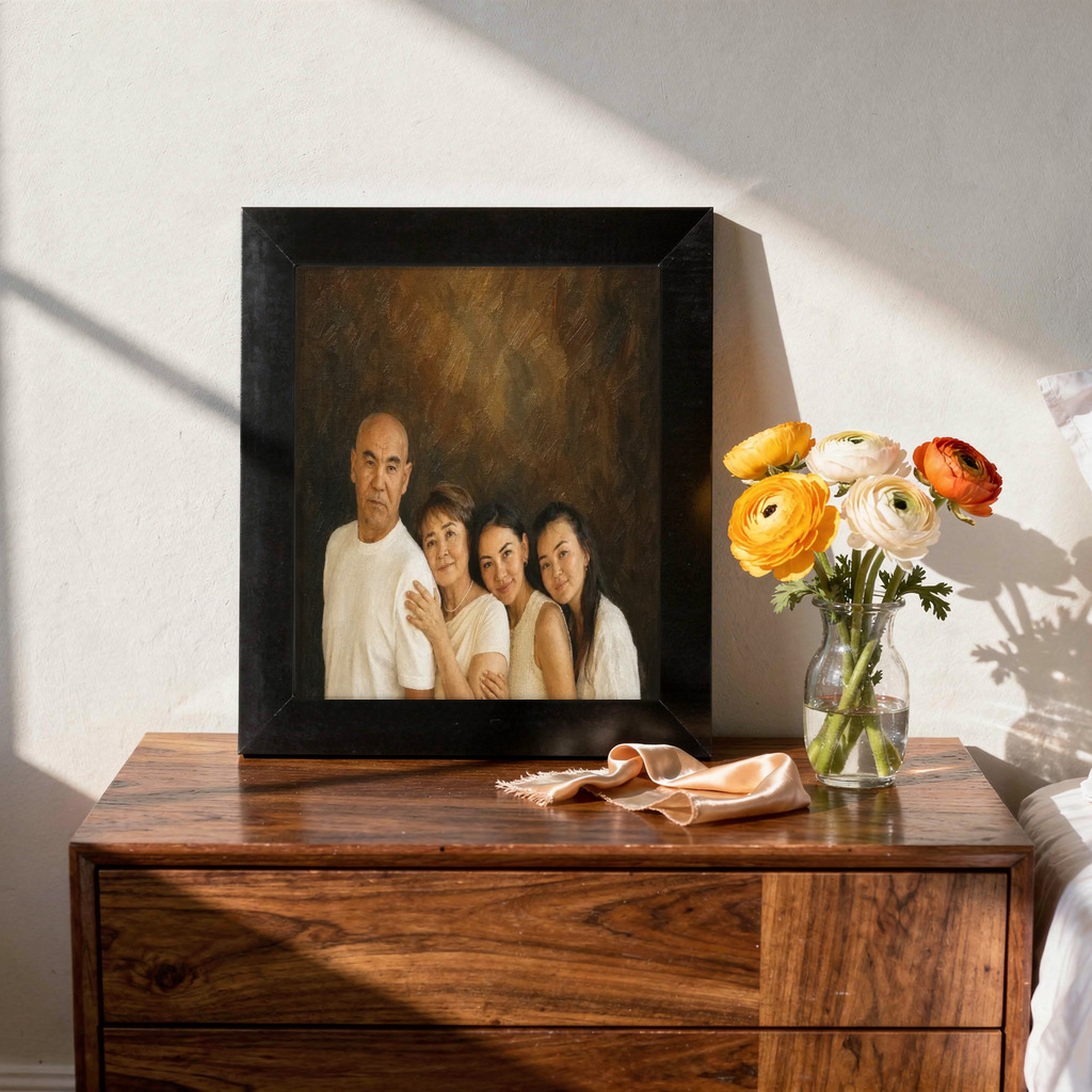 Museum Oil portrait made from multigenerational family portrait with four people