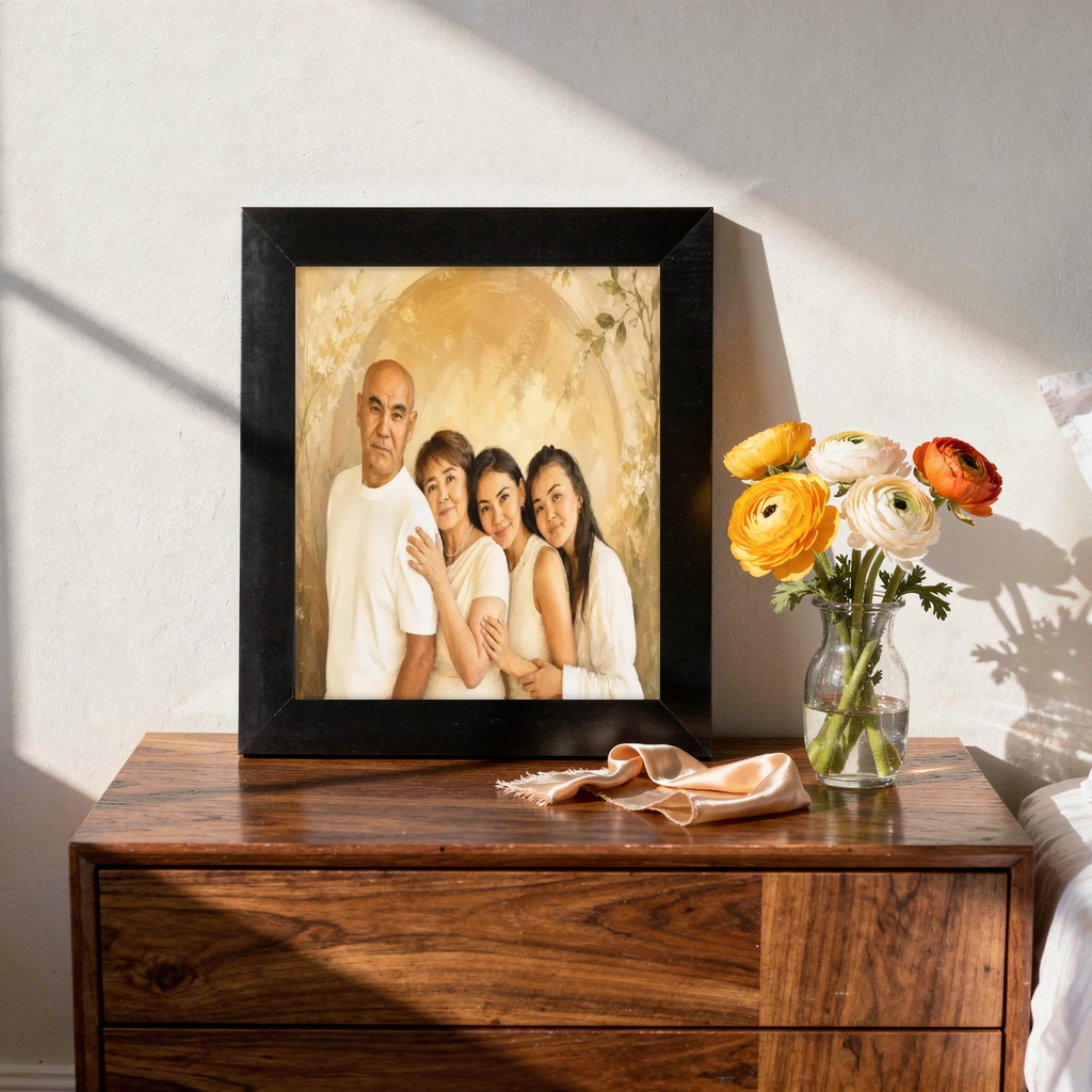 Celebration Storybook portrait made from multigenerational family portrait with four people