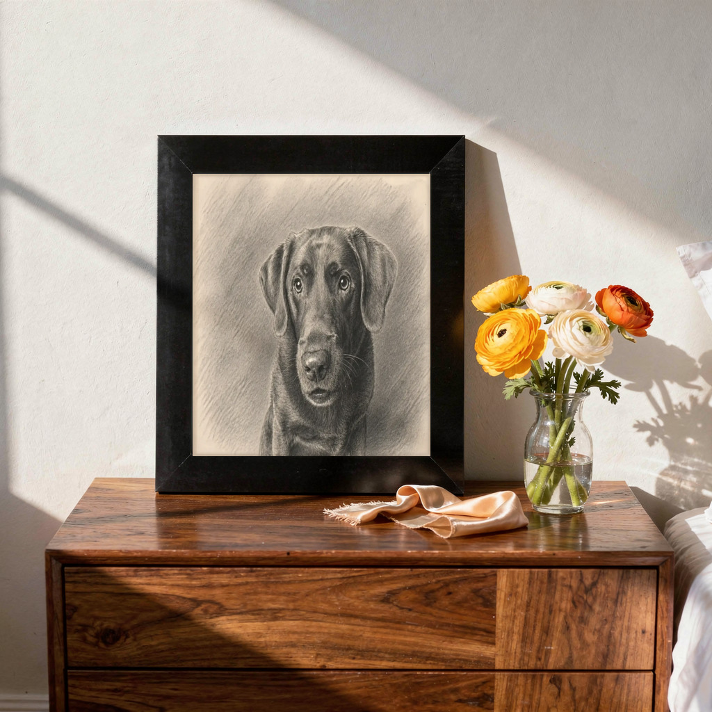 Pencil Keepsake portrait made from chocolate labrador close-up studio portrait